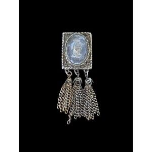 Vintage 70's Etched Glass Cameo Brooch Pin Tassels Silvertone Granny